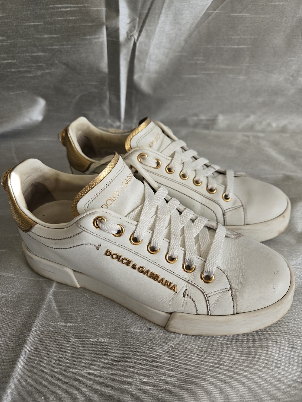 Dolce & Gabbana White Leather Sneakers with Gold Accents